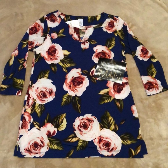 IMAN Global Chic Blue and Pink Floral Tunic Top - Picture 4 of 12